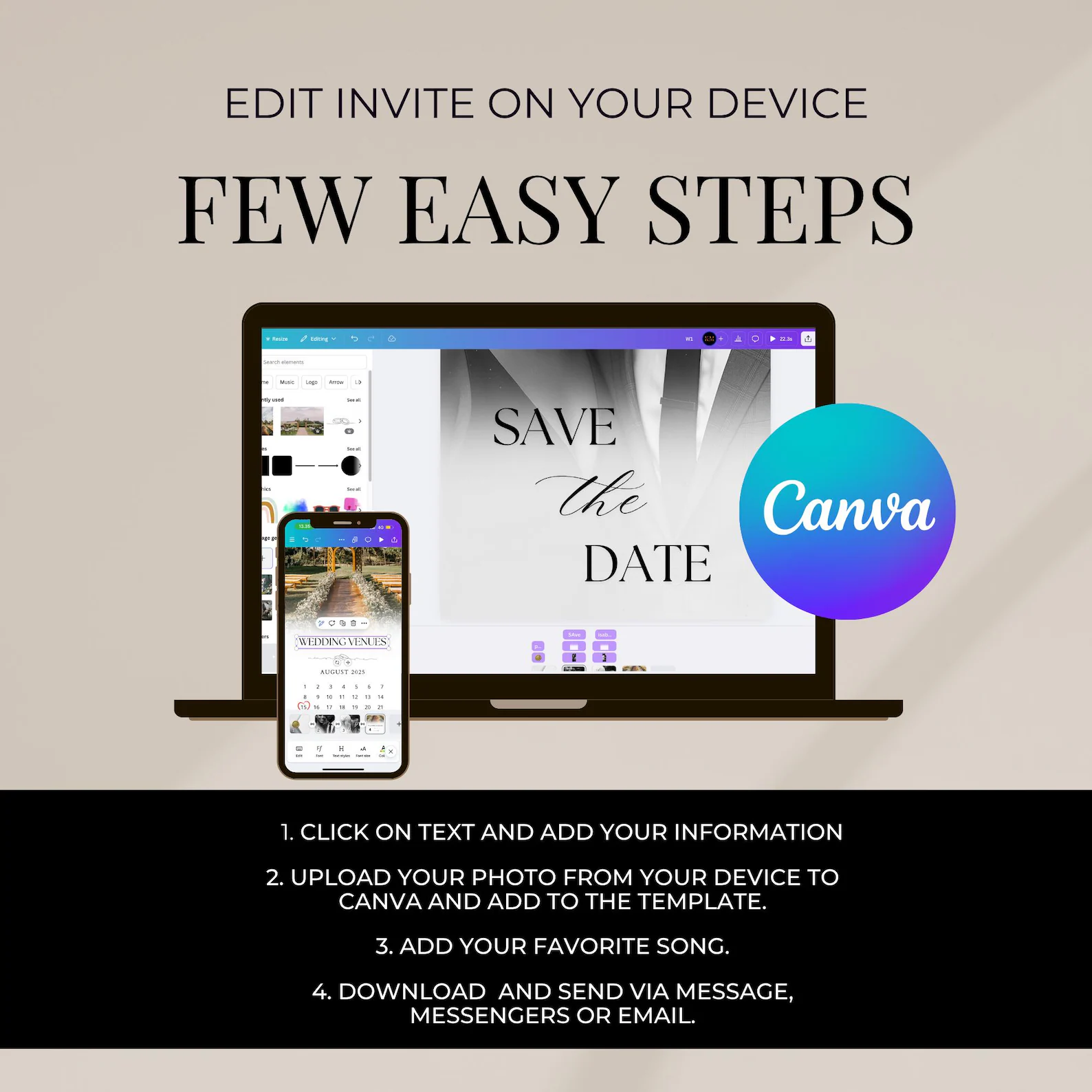 Edit your animated wedding invitation in Canva on any device — laptop and phone view showing the template open inside Canva.
