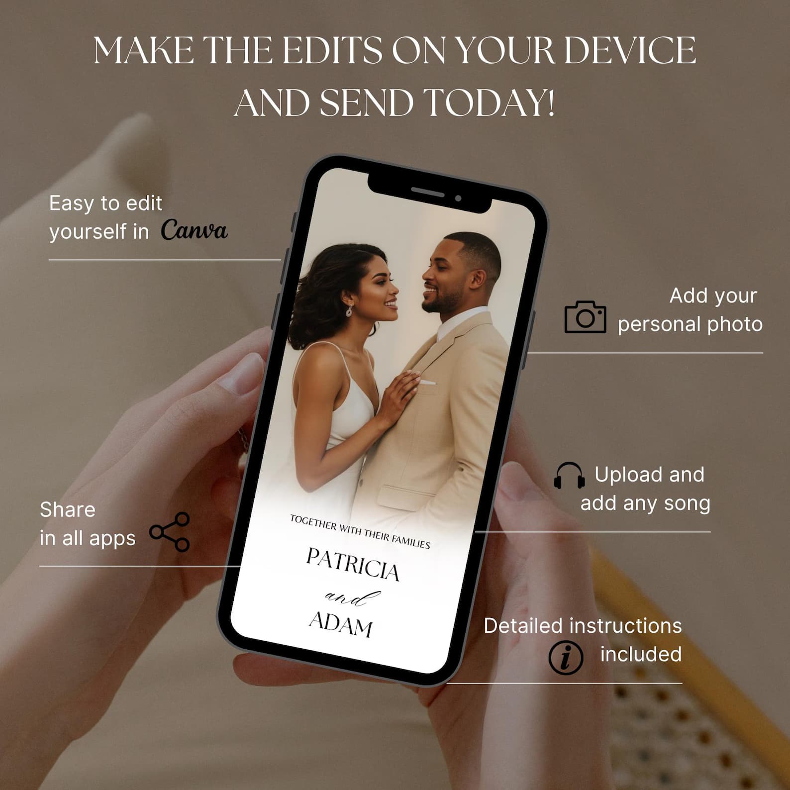 Save the date animated invitation displayed on a phone with botanical accents