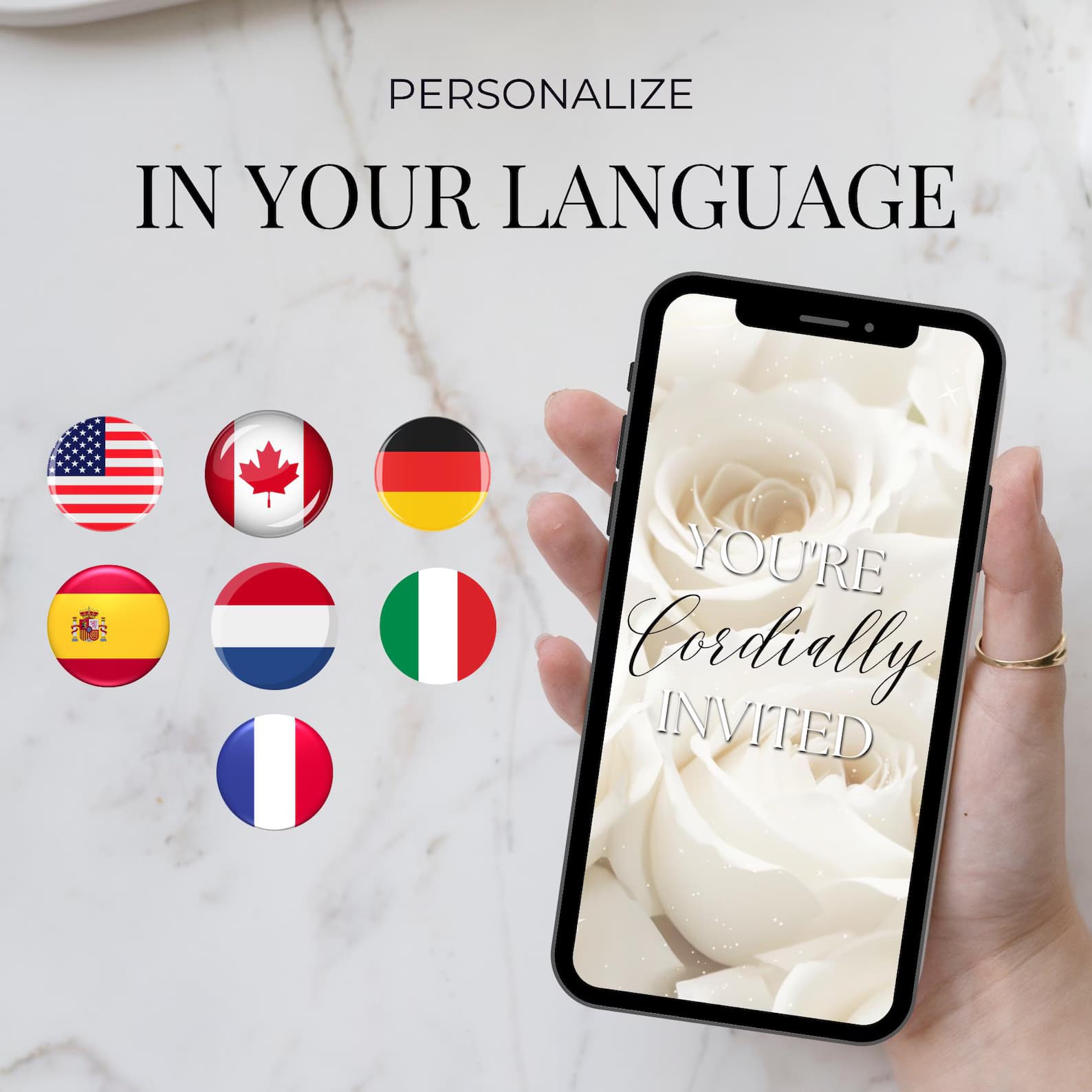 Personalize your wedding invitation in your language — supported worldwide including the US, UK, Canada, Australia, Germany, France, Spain, and the Netherlands.