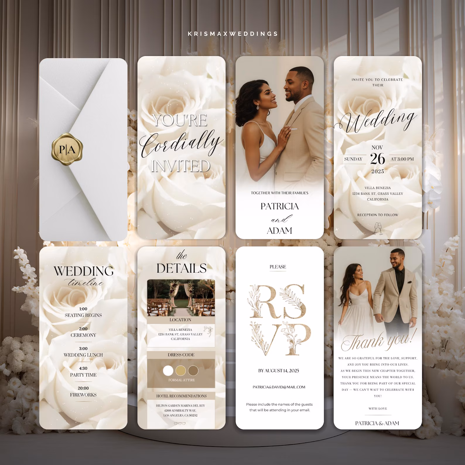 Botanical animated wedding invitation suite — invitation, save the date, RSVP card, and details cards laid out alongside an ivory envelope with gold monogram.