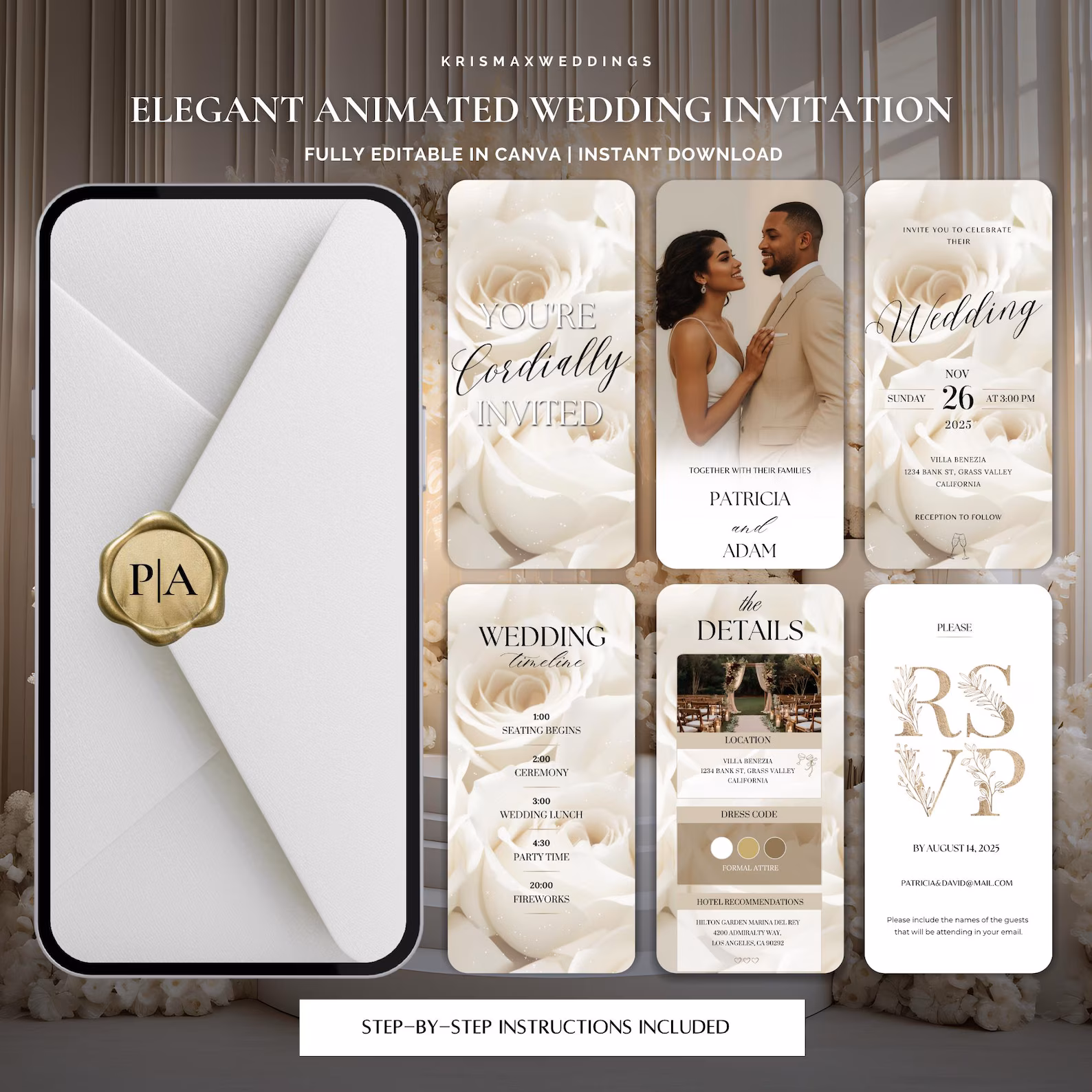 Animated wedding invitation suite displayed across phone, tablet, and paper card
