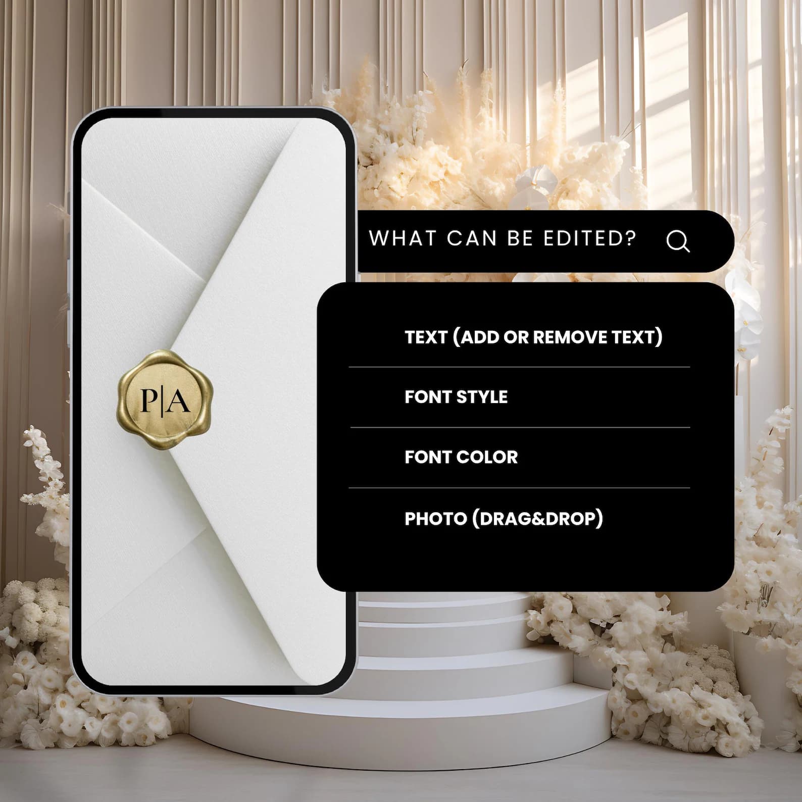 What you can edit in your animated wedding invitation template — text, fonts, colors, and photos, all customizable in Canva.