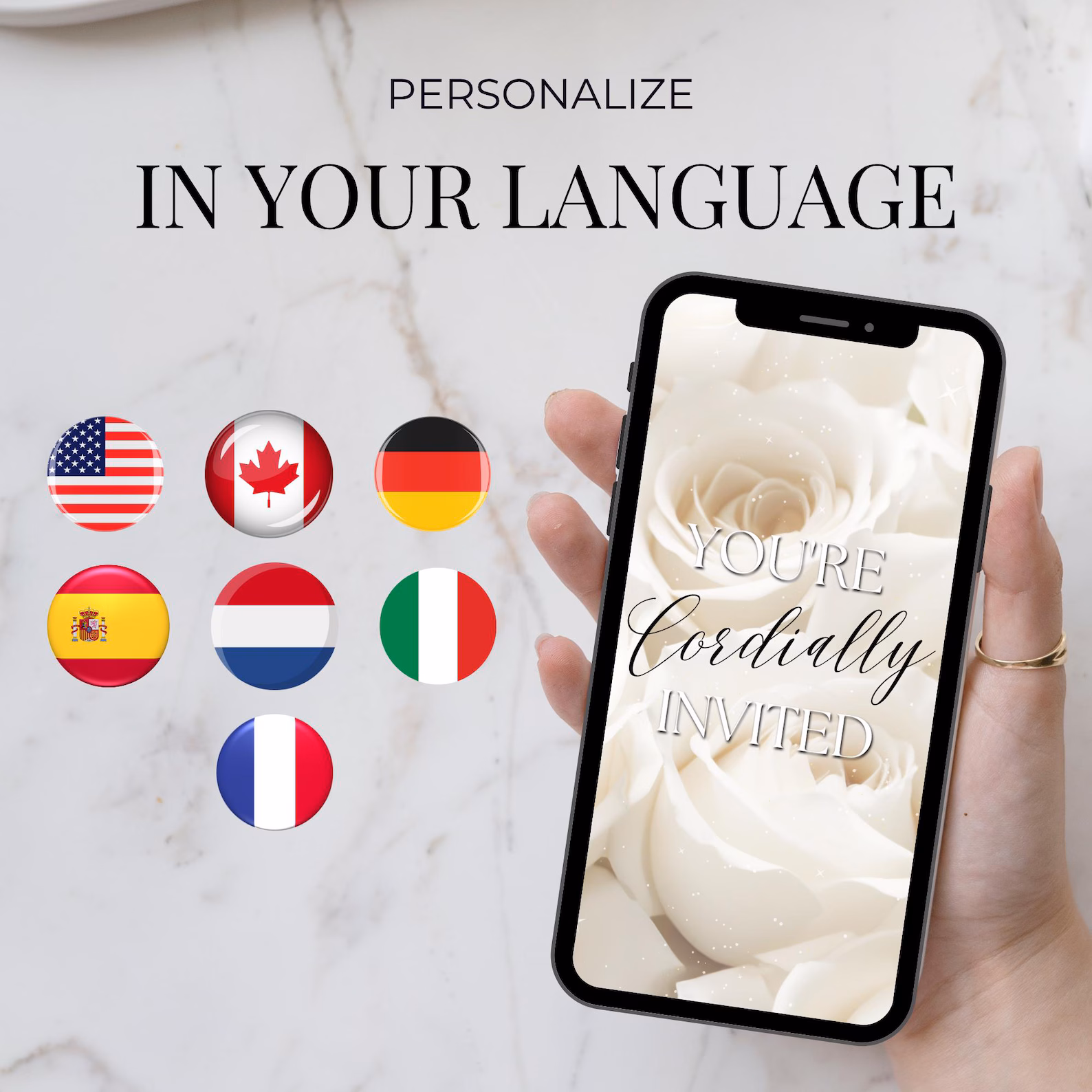 Personalize your wedding invitation in your language — supported worldwide including the US, UK, Canada, Australia, Germany, France, Spain, and the Netherlands.