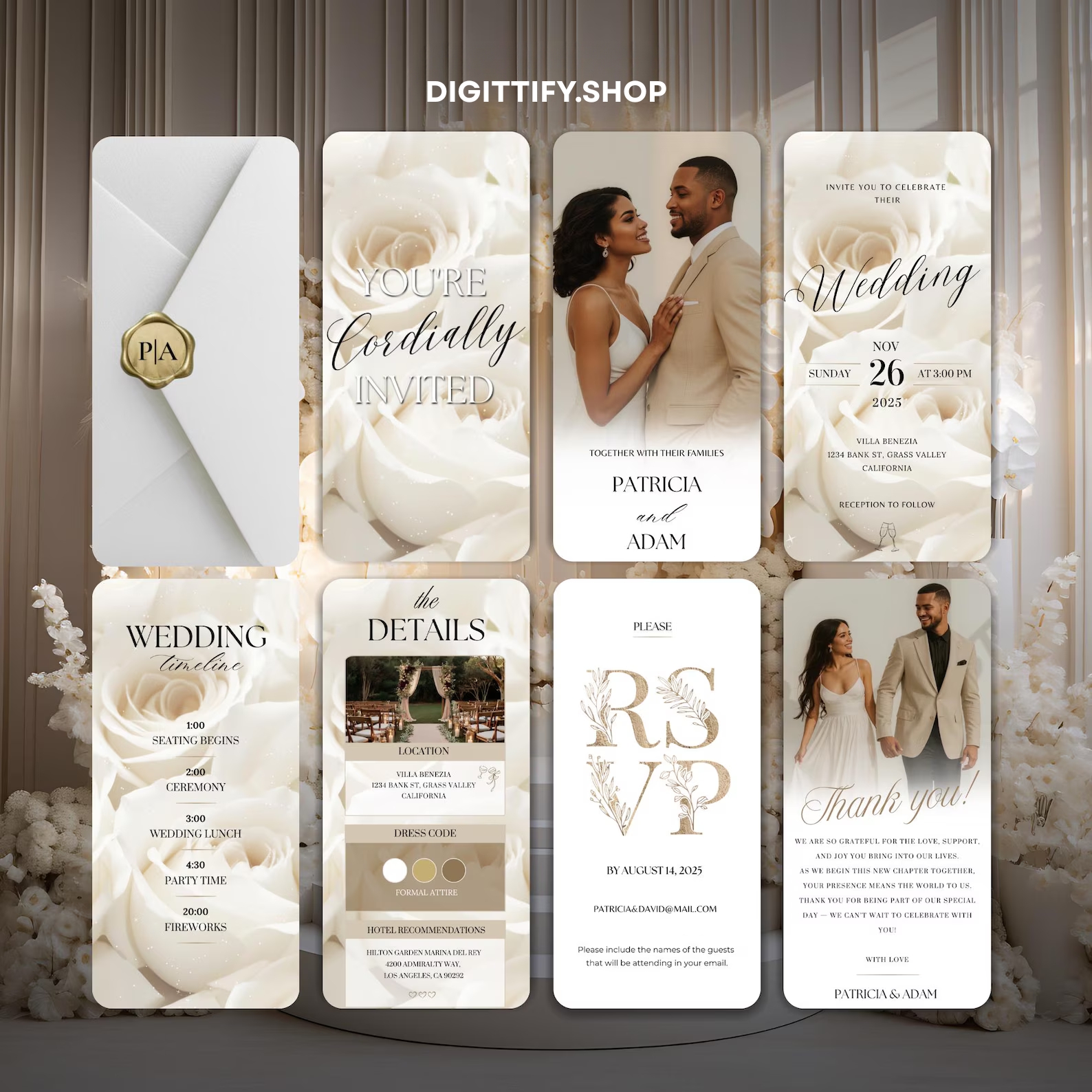 Botanical animated wedding invitation suite — invitation, save the date, RSVP card, and details cards laid out alongside an ivory envelope with gold monogram.